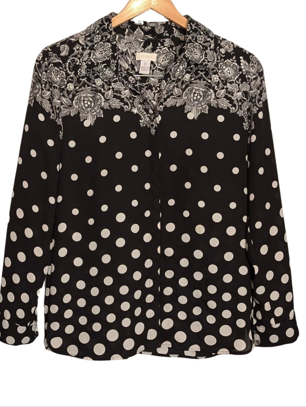 Chico's Polka Dot / Floral Button-Down Blouse With Bead Accents.